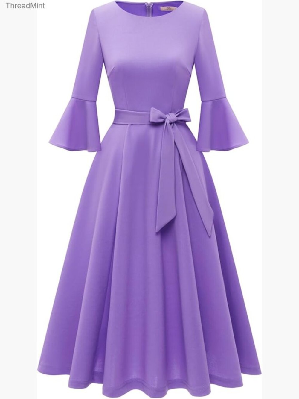Vintage Bell Sleeve Cocktail Dress, A-Line Midi with Decorative Belt